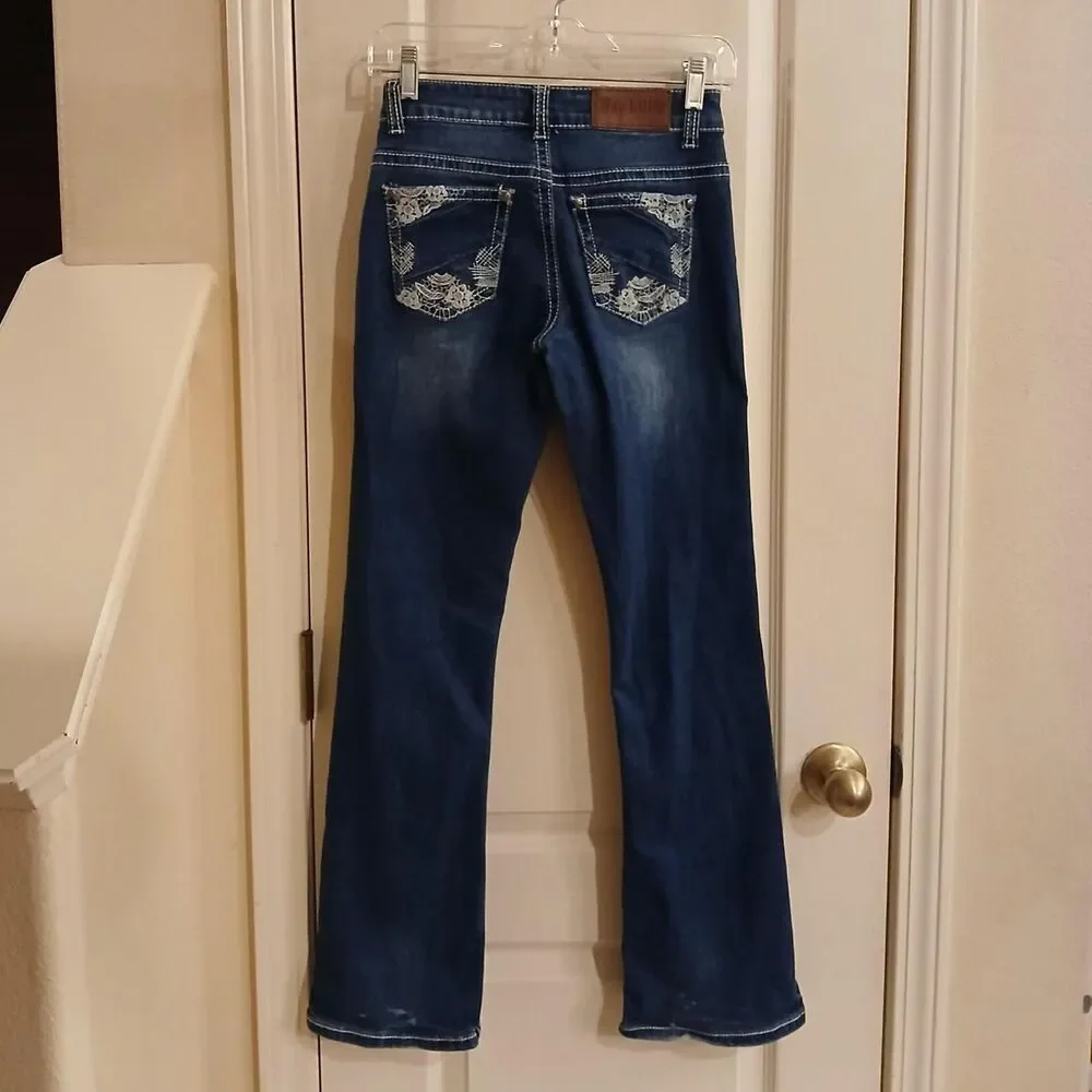 May Lillie bootcut jeans thick white stitch crochet lace embellished pockets 12y - Picture 2 of 7